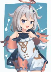 Rule 34 | 1girl, black scarf, blue background, blue eyes, dress, fingers together, genshin impact, grey hair, hair between eyes, hair ornament, halo, kuricona, long sleeves, looking at viewer, mechanical halo, open mouth, paimon (genshin impact), scarf, short hair, smile, solo, white dress, white hair