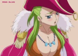 Rule 34 | 1girl, blush, breasts, cape, cleavage, female focus, green hair, hat, huge breasts, impel down, long hair, olive (one piece), one piece, screencap, solo, third-party edit