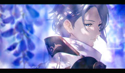 Rule 34 | 1boy, anna (drw01), blue eyes, blue hair, blurry, blurry background, closed mouth, eyelashes, flower, genshin impact, half-closed eyes, highres, japanese clothes, kamisato ayato, letterboxed, male focus, portrait, purple flower, solo, twitter username, wisteria