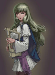 Rule 34 | 1girl, black pantyhose, blue cape, cape, cowboy shot, curly hair, dress, esperides ode, harp, holding, holding instrument, instrument, juliet sleeves, light green hair, long hair, long sleeves, open mouth, pantyhose, puffy sleeves, shaula (esperides ode), solo, very long hair, white dress, wide sleeves, yellow eyes, yuccoshi