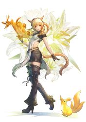 Rule 34 | 1girl, animal ears, black bra, black footwear, black gloves, black legwear, black skirt, blonde hair, book, bra, braid, cat ears, cat tail, commentary, drill hair, drill sidelocks, final fantasy, final fantasy xiv, floral background, full body, gloves, high heels, highres, holding, holding book, looking to the side, miqo&#039;te, parted lips, red eyes, scholar (final fantasy), shadow, shoes, shukei, side slit, sidelocks, skirt, solo, tail, underwear, warrior of light (ff14), white background