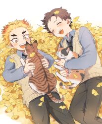 Rule 34 | 2boys, 50yen, animal, animal on chest, autumn leaves, black hair, black necktie, black pants, blonde hair, blue shirt, brown hair, calico, cat on chest, colored tips, cowboy shot, forked eyebrows, ginkgo leaf, happy, highres, holding, holding animal, kamado sumihiko, kimetsu no yaiba, laughing, leaf, leaf on head, long sleeves, looking at animal, lying, male focus, multicolored hair, multiple boys, necktie, on back, on ground, open mouth, pants, rengoku toujurou, school uniform, shirt, short hair, streaked hair, sweater vest, white background, white shirt