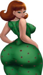Rule 34 | 1girl, alternate ass size, ass, ass focus, bare arms, bare shoulders, breasts, brown hair, chromatic aberration, cowboy shot, curvy, dress, eyeshadow, flipped hair, from behind, green dress, green eyes, half-closed eyes, highres, huge ass, jewelry, jimmy neutron, jimmy neutron (series), jimmy neutron boy genius, judith neutron, judy neutron, large breasts, looking at viewer, looking back, makeup, mature female, narrow waist, necklace, nickelodeon, noblood (ryandomonica), parted bangs, pearl necklace, polka dot, polka dot dress, seductive smile, simple background, sleeveless, sleeveless dress, smile, standing, taut clothes, taut dress, thick thighs, thighs, tight clothes, tight dress, twisted neck, white background