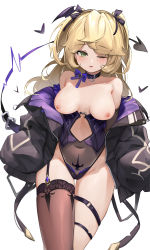 Rule 34 | 1girl, absurdres, bare shoulders, belt collar, berserker r, black choker, black jacket, blonde hair, blush, bow, breasts, breasts apart, breasts out, brown thighhighs, choker, clothing cutout, collar, covered navel, cowboy shot, fang, fischl (genshin impact), genshin impact, green eyes, hair ribbon, heart, highleg, highleg leotard, highres, jacket, leotard, long hair, long sleeves, looking at viewer, medium breasts, nipples, off shoulder, one eye closed, open mouth, purple bow, ribbon, single thighhigh, sleeves past wrists, smile, solo, strapless, strapless leotard, thigh gap, thigh strap, thighhighs, thighs, two-tone leotard, two side up