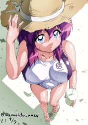 Rule 34 | 1girl, blue eyes, breasts, competition swimsuit, dated, drink, drinking straw, feet, from above, hat, hat ribbon, henrietta de tristain, holding, holding clothes, holding drink, holding hat, large breasts, legs, medium hair, nafta, one-piece swimsuit, purple hair, ribbon, sandals, signature, solo, straw hat, swimsuit, toes, white ribbon, zero no tsukaima