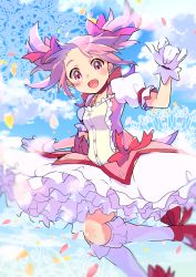 Rule 34 | 1girl, :d, absurdres, bubble skirt, choker, cloud, feet out of frame, frilled skirt, frilled sleeves, frilled socks, frills, gloves, hair ornament, hair ribbon, hand up, highres, kaname madoka, kneehighs, looking at viewer, magical girl, mahou shoujo madoka magica, mahou shoujo madoka magica (anime), open mouth, petals, pink eyes, pink hair, pon yui, puffy short sleeves, puffy sleeves, red choker, red footwear, ribbon, ribbon choker, shoes, short sleeves, short twintails, skirt, sky, smile, socks, solo, twintails, white gloves, white socks