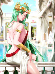 1girl adapted_costume ass back breasts circlet esther_shen green_eyes green_hair kid_icarus kid_icarus_uprising long_hair looking_at_viewer nintendo palutena petals sideboob sitting solo statue vambraces very_long_hair water