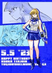 Rule 34 | 1girl, 203wolves, absurdres, bare shoulders, belt, birthday, blonde hair, blue background, blue footwear, blue gloves, blue sailor collar, blue skirt, boots, breasts, buttons, character name, closed mouth, commentary request, dated, duel academy uniform (yu-gi-oh! gx), duel disk, fingerless gloves, full body, gloves, hair between eyes, happy birthday, high collar, high heel boots, high heels, highres, large breasts, legs, long hair, looking at viewer, miniskirt, sailor collar, shirt, signature, skirt, sleeveless, sleeveless shirt, smile, standing, straight hair, tenjouin asuka, turtleneck, yellow eyes, yu-gi-oh!, yu-gi-oh! gx