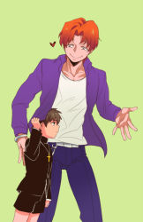 Rule 34 | 2boys, brown eyes, brown hair, child, cross, cross necklace, fate/zero, fate (series), heart, height difference, jacket, jewelry, kotomine kirei, multiple boys, necklace, orange hair, purple jacket, shorts, sunday31, time paradox, uryuu ryuunosuke, aged down