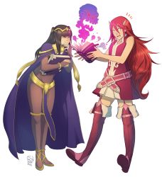 Rule 34 | 2girls, absurdres, black eyes, black hair, blunt bangs, book, boots, cape, commentary, commission, constricted pupils, cordelia (fire emblem), english commentary, fire emblem, fire emblem awakening, full body, garter straps, gold trim, high heels, highres, holding, holding book, legs apart, legs together, long hair, multiple girls, nintendo, open book, prank, red hair, skirt, smile, smirk, standing, surprised, tharja (fire emblem), thighhighs, thighs, ticcy, transparent background, wide-eyed, zettai ryouiki