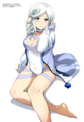 Rule 34 | 1girl, absurdres, animal ears, aquaplus, arm support, barefoot, breasts, bush, cleavage, closed mouth, collarbone, competition swimsuit, covered navel, grey eyes, gym uniform, hand in own hair, highres, jacket, long hair, looking at viewer, medium breasts, megami magazine, munechika, nakata masahiko, official art, one-piece swimsuit, scan, simple background, sitting, solo, swimsuit, thighs, utawarerumono, utawarerumono: futari no hakuoro, utawarerumono: itsuwari no kamen, utawarerumono: lost flag, white background, white fox (company), white hair, white jacket, white one-piece swimsuit