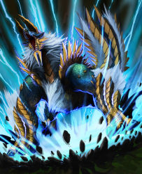 Rule 34 | armor, blue eyes, blue theme, brown theme, capcom, claws, dragon, electricity, fang, fangs, green theme, highres, horns, itou youichi, lightning, mane, monster, monster hunter, monster hunter (series), monster hunter portable 3rd, muscular, no humans, open mouth, scales, solo, teeth, white hair, wyvern, yellow theme, zinogre