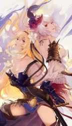 Rule 34 | 2girls, armor, bare shoulders, belt, blonde hair, blue eyes, boots, breasts, cleavage, collarbone, dark jeanne, dual persona, feather hair ornament, feathers, flower, gauntlets, granblue fantasy, feather hair ornament, hair flower, hair ornament, jeanne d&#039;arc (granblue fantasy), long hair, looking back, medium breasts, multiple girls, nido celisius, parted lips, red eyes, sheath, sideboob, silver hair, skirt, sword, thigh boots, thighhighs, weapon