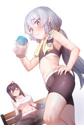 Rule 34 | 1boy, 1futa, absurdres, artworks/92392006, bare arms, bench, black bow, black hair, black leggings, black shorts, blurry, blurry background, blush, bow, braid, breasts, building, bulge, closed eyes, covered penis, covered testicles, cup, disposable cup, erection, erection under clothes, eyewear on head, full-package futanari, futanari, hair between eyes, hair bow, hand on own hip, highres, holding, holding cup, howcow (vtuber), large breasts, large penis, leggings, long hair, looking at viewer, midriff, navel, no bra, open mouth, otonashi (otonashi5959), outdoors, penis, public indecency, shorts, silver hair, sitting, sky, solo focus, sportswear, sweat, tongkkangi, tongkkangi (streamer), towel, trap, underboob, virtual youtuber, yellow eyes