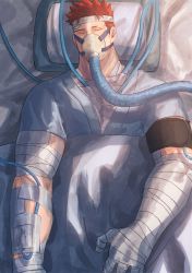 Rule 34 | 1boy, bandages, bandaged arm, bandages, beard, bed, boku no hero academia, covered mouth, cowboy shot, endeavor (boku no hero academia), facial hair, highres, hospital bed, hospital gown, lying, male focus, mature male, muscular, muscular male, on back, pectorals, rama 0722, red hair, scar, scar across eye, scar on face, short hair, sideburns, sleeping, solo, spiked hair, stubble