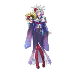 Rule 34 | 1girl, absurdres, crystal, fire emblem, fire emblem heroes, flower, full body, green eyes, grey hair, hair flower, hair ornament, hand fan, highres, holding, holding fan, japanese clothes, kimono, kvasir (fire emblem), kvasir (unknown future) (fire emblem), looking at viewer, ne-on, nintendo, official alternate costume, official art, paper fan, short hair, solo, thighhighs, white background