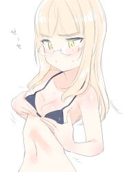 Rule 34 | 1girl, aohashi ame, bikini, black bikini, blonde hair, blush, breasts, collarbone, glasses, highres, long hair, navel, perrine h. clostermann, simple background, sketch, small breasts, solo, strike witches, sweat, swimsuit, upper body, white background, world witches series, yellow eyes