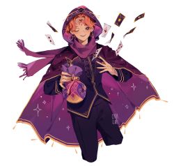 Rule 34 | 1boy, artist name, bag, cape, card, catallarii, cinnamon cookie, cookie run, earrings, highres, holding, holding bag, holding pouch, hood, jewelry, long sleeves, male focus, one eye closed, orange hair, pants, personification, pouch, purple cape, purple scarf, scarf, short hair, simple background, smile, solo, tattoo, white background
