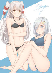 Rule 34 | 10s, 2girls, absurdres, amatsukaze (kancolle), bikini, blue eyes, breasts, brown eyes, hair ornament, hair over one eye, hair tubes, hairclip, hamakaze (kancolle), highres, kantai collection, kneeling, long hair, medium breasts, multiple girls, ochiai miyabi, short hair, silver hair, sitting, small breasts, swimsuit, twintails, two side up