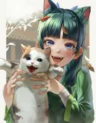 Rule 34 | 1girl, :d, animal, animal ear fluff, bandaged arm, bandages, beads, blue bow, blue eyes, blunt bangs, blush, border, bow, cat, chinese clothes, commentary request, fangs, freckles, green hair, green hanfu, green robe, hair beads, hair bow, hair ornament, hanfu, highres, holding, holding animal, holding cat, kemonomimi mode, kusuriya no hitorigoto, leaf, leaf on head, long hair, long sleeves, maomao (kusuriya no hitorigoto), open mouth, outside border, rearea 7777, robe, signature, smile, solo, white border, wide sleeves