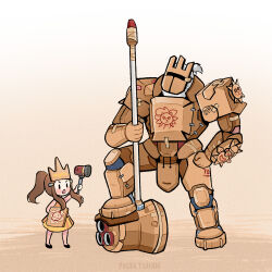 Rule 34 | 1boy, 1girl, :o, aged down, artist name, beard, brigitte (overwatch), brown hair, cardboard, child, commentary, crown, dress, english commentary, facial hair, hammer, hand on own thigh, height chart, helmet, high ponytail, holding, holding shield, official alternate costume, open mouth, overwatch, overwatch 2, pocketchan, ponytail, reinhardt (overwatch), shield, simple background, standing, twitter username, v-shaped eyebrows, white hair, yellow dress