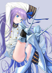 Rule 34 | 1girl, armored boots, blue eyes, blue ribbon, blush, boots, breasts, buttons, coffeekite, double-breasted, fate/extra, fate/extra ccc, fate (series), hair ribbon, highres, jacket, long hair, long sleeves, looking at viewer, meltryllis (fate), prosthesis, prosthetic leg, purple hair, ribbon, sleeves past fingers, sleeves past wrists, small breasts, smile, solo, spikes, very long hair, white jacket