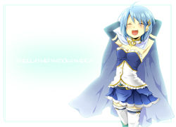 Rule 34 | 10s, armpits, blue hair, cape, closed eyes, gloves, kngn, laughing, magical girl, mahou shoujo madoka magica, mahou shoujo madoka magica (anime), miki sayaka, short hair, solo, thighhighs