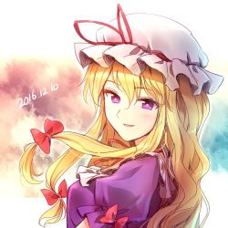 Rule 34 | 1girl, blonde hair, blush, bow, dated, from side, hair bow, hat, hat ribbon, long hair, looking at viewer, looking to the side, minust, mob cap, one-hour drawing challenge, parted lips, puffy short sleeves, puffy sleeves, purple eyes, red bow, red ribbon, ribbon, short sleeves, sidelocks, smile, solo, touhou, upper body, yakumo yukari