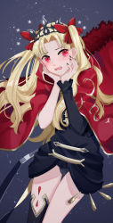 Rule 34 | 1girl, asymmetrical legwear, asymmetrical sleeves, black leotard, black nails, black sleeves, black thighhighs, blonde hair, blush, bow, cape, detached sleeves, diadem, ereshkigal (fate), fate/grand order, fate (series), fur cape, gina 61324, grey background, hair bow, leotard, long hair, long sleeves, looking at viewer, nail polish, open mouth, red bow, red cape, red eyes, single sleeve, single thighhigh, solo, standing, star (symbol), starry background, thighhighs, twintails, two side up, uneven legwear, uneven sleeves, very long hair, wavy mouth