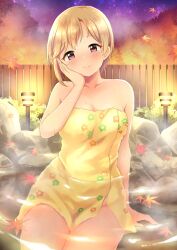 Rule 34 | 1girl, aiba yumi, arm support, autumn leaves, bare shoulders, bathing, blonde hair, blush, breasts, brown eyes, bush, cleavage, closed mouth, collarbone, dekosuke, dot nose, falling leaves, fence, floral print, hand on own face, hand up, highres, idolmaster, idolmaster cinderella girls, idolmaster cinderella girls starlight stage, lamp, leaf, leaf on liquid, looking at viewer, maple leaf, medium breasts, naked towel, night, onsen, outdoors, partially submerged, print towel, rock, short hair, sitting, sky, smile, solo, star (sky), starry sky, steam, sweat, towel, tree, wooden fence, yellow towel