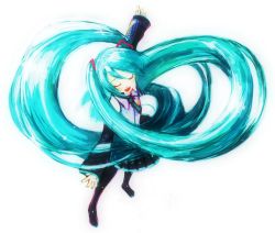 Rule 34 | boots, closed eyes, dancing, detached sleeves, feral lemma, green hair, hatsune miku, headphones, highres, long hair, nail polish, simple background, solo, standing, thigh boots, thighhighs, twintails, vocaloid