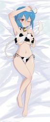 Rule 34 | 1girl, absurdres, animal print, arm above head, armpits, bed, bell, blue hair, blush, breasts, collar, cow girl, cow horns, cow print, cow tail, highres, horns, jashin-chan dropkick, large breasts, looking at viewer, lying, minos (jashin-chan dropkick), minos drawfag, navel, neck bell, nipples, on back, on bed, one eye closed, panties, parted lips, red eyes, see-through, short hair, side-tie panties, smile, solo, tail, teeth, underboob, underwear, underwear only