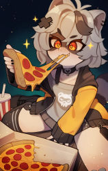 Rule 34 | 1girl, animal ears, black collar, black footwear, black hair, black nails, boots, collar, commission, cup, disposable cup, domino mask, earrings, eating, food, grey hair, hair ornament, highres, holding, holding food, holding pizza, hood, hoodie, indie virtual youtuber, jewelry, mask, multicolored hair, nail polish, orange eyes, pizza, pizza box, pizza slice, raccoon ears, raccoon girl, raccoon tail, sitting, skeb commission, sleeves past wrists, snuffy (vtuber), snuffy (vtuber) (1st costume), solo, sparkle, streaked hair, tail, thighhighs, two-tone hair, virtual youtuber, wariza, x hair ornament, zombiemiso