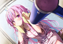 Rule 34 | 1girl, ahoge, blue hair, blush, closed mouth, colored inner hair, commentary request, dress, drying, drying hair, dutch angle, eyes visible through hair, hair dryer, highres, holding, holding towel, hololive, indoors, long hair, long sleeves, looking at viewer, minato aqua, multicolored hair, purple eyes, purple hair, sitting, solo, striped clothes, striped dress, summer tail720, towel, twintails, virtual youtuber