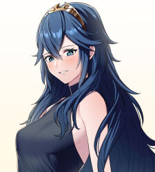 Rule 34 | 1girl, alternate costume, ameno (a meno0), bare shoulders, blue eyes, blue hair, blue shirt, blush, breasts, commentary request, fire emblem, fire emblem awakening, grin, hair between eyes, jewelry, long hair, looking at viewer, lucina (fire emblem), medium breasts, nintendo, parted lips, shirt, simple background, sleeveless, sleeveless shirt, smile, solo, tiara, turtleneck, very long hair, white background