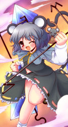 Rule 34 | 1girl, animal ears, basket, crystal, dowsing rod, dress, female focus, grey hair, highres, iwanosuke, jewelry, mouse (animal), mouse ears, mouse tail, nazrin, one eye closed, pendant, red eyes, short hair, solo, tail, touhou, wink