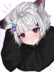 Rule 34 | 1boy, animal ears, black jacket, blush, cat, cat ears, closed mouth, commentary, copyright request, eyebrow piercing, grey hair, hair ornament, hairclip, highres, jacket, lip piercing, long sleeves, looking at viewer, male focus, mole, mole under eye, outline, piercing, pink outline, purple eyes, simple background, solo, upper body, vickie (cryingrobot), virtual youtuber, white background