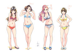 Rule 34 | 4girls, arm behind back, barefoot, bikini, blue bikini, blue bow, blush, bow, bow bikini, breasts, brown eyes, brown hair, carina (xiaowoo), character name, cleavage, crossover, earrings, facing viewer, flip-flops, front-tie bikini top, front-tie top, full body, goggles, goggles on head, grin, groin, hair ornament, hairclip, hands on own hips, high ponytail, highres, hip focus, ishikawa purin, jewelry, kaikan change, kishi mieko, kojiri kasumi, lineup, long hair, looking at viewer, mayu (carina), mayu (kaikan change), medium breasts, multiple girls, navel, necklace, onna shunin kishi mieko, parted lips, pink hair, ponytail, red bikini, sandals, short hair, simple background, smile, standing, swimsuit, thigh gap, translated, waving, white background, white bikini, yellow bikini