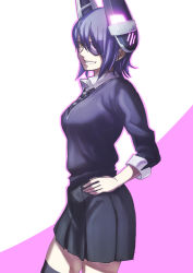 Rule 34 | 10s, 1girl, breasts, eyepatch, female focus, gloves, hand on own hip, headgear, highres, kantai collection, large breasts, looking at viewer, open mouth, purple hair, school uniform, short hair, skirt, smile, solo, tenryuu (kancolle), yellow eyes, zimu