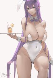 Rule 34 | 1girl, absurdres, alios arvin, animal ears, artist name, bare shoulders, between breasts, blue eyes, bow, bowtie, breasts, collarbone, covered navel, detached collar, drink, drinking straw, earrings, fake animal ears, hair between eyes, highleg, highleg leotard, highres, holding, holding tray, jewelry, large breasts, leotard, lips, long hair, looking at viewer, original, parted lips, playboy bunny, pointy ears, purple bow, purple bowtie, purple eyes, rabbit ears, signature, simple background, skindentation, solo, strap between breasts, strapless, strapless leotard, thighs, traditional bowtie, tray, very long hair, white background, white leotard, wing collar, wrist cuffs