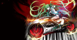 Rule 34 | 1girl, elbow gloves, glasses, gloves, green eyes, green hair, hatsune miku, headphones, long hair, matching hair/eyes, motor vehicle, motorcycle, nagimiso, official art, shorts, solo, thighhighs, twintails, vehicle, very long hair, vocaloid