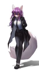 Rule 34 | 1girl, :3, absurdres, animal ears, animal nose, arms behind back, belt, black coat, black footwear, black necktie, black pants, blush, body fur, breasts, chromatic aberration, closed mouth, coat, collared shirt, female focus, formal, fox ears, fox girl, fox tail, full body, furry, furry female, gilmang, grey fur, hair between eyes, half-closed eyes, happy, highres, large tail, leaning forward, legs together, licking lips, long hair, long sleeves, looking at viewer, medium breasts, necktie, open clothes, open coat, original, pants, purple hair, shirt, shirt tucked in, shoes, sidelocks, simple background, smile, snout, solo, standing, suit, tail, tongue, tongue out, white background, white shirt, yellow eyes
