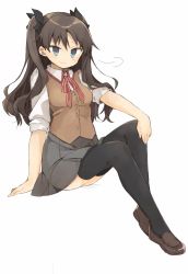 Rule 34 | 1girl, bad id, bad twitter id, black thighhighs, blue eyes, breasts, brown hair, fate/stay night, fate (series), full body, highres, homurahara academy school uniform, long hair, looking at viewer, murakami meishi, school uniform, skirt, small breasts, smile, solo, sweater, thighhighs, tohsaka rin, two side up