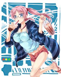 Rule 34 | 1girl, blue eyes, breasts, camisole, drink, drinking, covered erect nipples, follen (639594), glasses, holding, jacket, jewelry, large breasts, long hair, looking at viewer, necklace, original, pink hair, running, sandals, short shorts, shorts, sleeves pushed up, solo, striped, twintails
