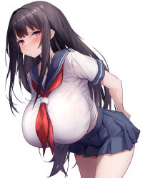 Rule 34 | 1girl, absurdres, black hair, blue sailor collar, blue skirt, blush, breasts, closed mouth, commentary, hanging breasts, highres, huge breasts, leaning forward, long hair, looking at viewer, original, pleated skirt, red eyes, sailor collar, school uniform, short sleeves, sidelocks, simple background, skirt, solo, standing, thighs, uniform, very long hair, white background, yuuki shuri