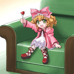 Rule 34 | 00s, 1girl, :d, ankle lace-up, armchair, blonde hair, bow, chair, cross-laced footwear, doll, dress, drill hair, food, foot dangle, fork, frilled ribbon, frills, fruit, green eyes, hair bow, hair ribbon, hinaichigo, holding, holding fork, knees together feet apart, long sleeves, name connection, neck ribbon, object namesake, open mouth, pink bow, pink dress, red footwear, ribbon, rozen maiden, shoes, sitting, smile, solo, strawberry