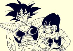 Rule 34 | 1boy, 1girl, adapted costume, alternate hair length, alternate hairstyle, armor, breasts, capelet, chi-chi (dragon ball), cleavage, collarbone, commentary request, dragon ball, dragonball z, frown, hands on own hips, highres, ink (medium), lee (dragon garou), medium breasts, monochrome, muscular, scar, scouter, shoulder pads, smile, son goku, sweatdrop, traditional media, wrist cuffs