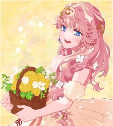 Rule 34 | 1girl, basket, blonde hair, blue eyes, detached sleeves, dress, flower, highres, holding, holding basket, long hair, looking at viewer, macross, macross frontier, open mouth, rose, sechi (stst1850), sheryl nome, short sleeves, solo, yellow dress, yellow flower, yellow rose