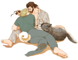 Rule 34 | 2boys, amputee, arm support, barefoot, beard, blonde hair, closed eyes, collarbone, dog, dog tail, double amputee, eyepatch, unworn eyewear, facial hair, facing another, holding, holding removed eyewear, katou setsuko, kazuhira miller, long sleeves, looking at another, male focus, metal gear (series), metal gear solid v: the phantom pain, multiple boys, muscular, muscular male, ponytail, scar, scar across eye, scar on face, short hair, short sleeves, simple background, sitting, sleeping, sunglasses, tail, venom snake, white background, yaoi