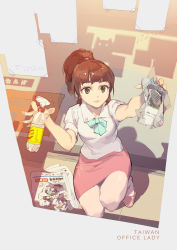 Rule 34 | 1girl, aqua eyes, brown hair, cleaning, cleaning windows, highres, newspaper, office lady, office lady taiwan, original, pencil skirt, pink skirt, ponytail, shirt, short sleeves, skirt, solo, tennohi, white shirt, window